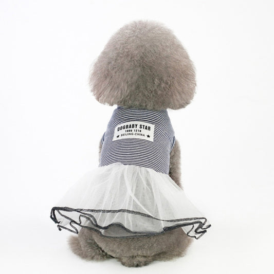 Blue and white striped pet skirt with white tulle overlay and elastic trim