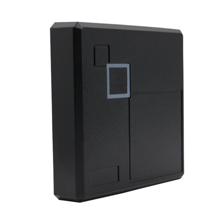 Black card reader housing with square indicator window, angled side view