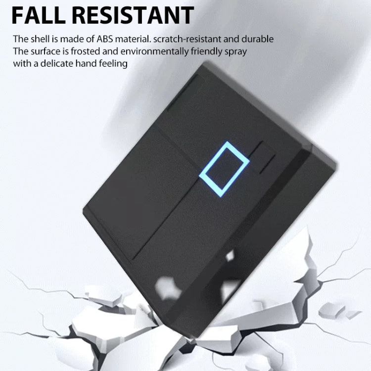 Black card reader with glowing blue square indicator window on textured body