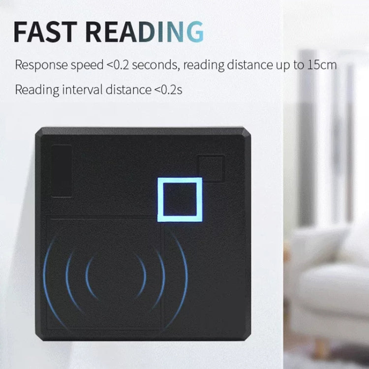Black wall-mounted card reader with blue indicator window and contactless icon
