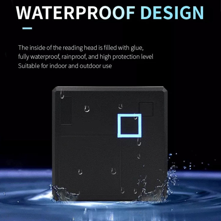 Black waterproof card reader with blue indicator window, splashes at the base