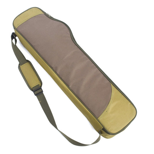 Fishing rod tackle bag with zipper, olive green and gray fabric, shoulder strap