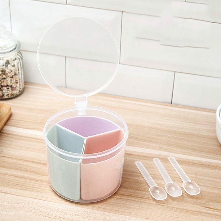 Round multi-compartment kitchen fresh box with pastel lids and four serving spoons