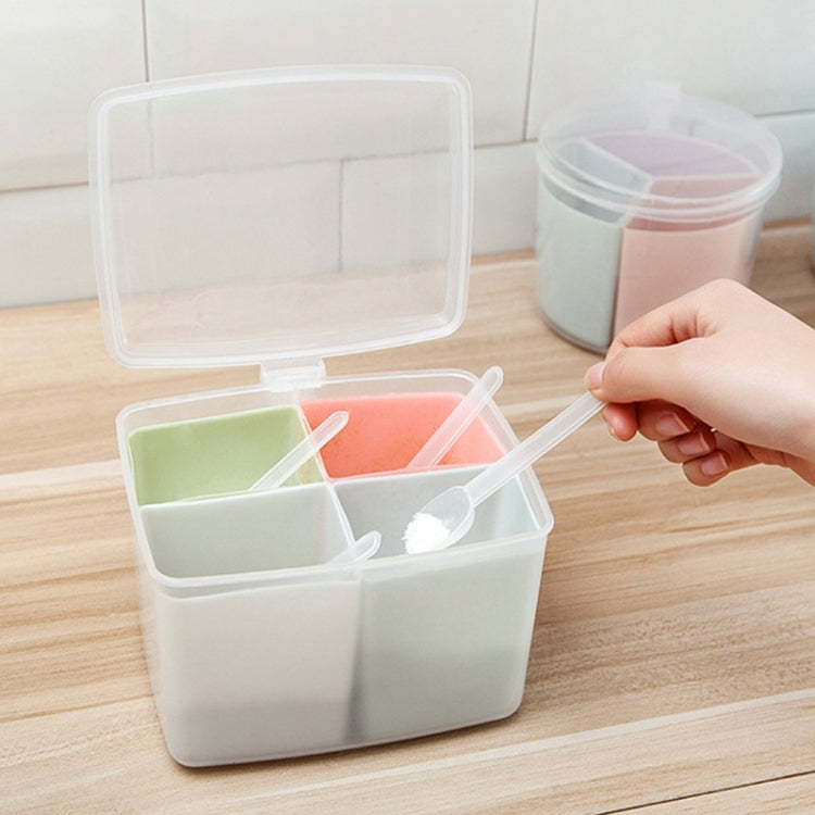 Three-compartment spice box with open lid, pastel inserts, and small spoon