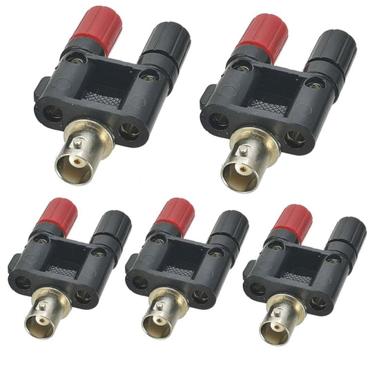 RF coax adapter with BNC female to dual banana female, black body, red/black jacks.