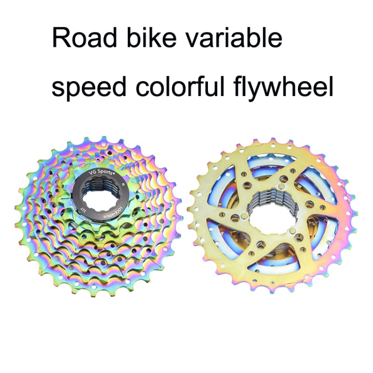 Colorful bicycle flywheel sprocket pair showing front and rear gear surfaces