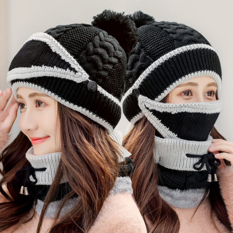 Black-and-white striped knit winter beanie with attached face mask and neck scarf