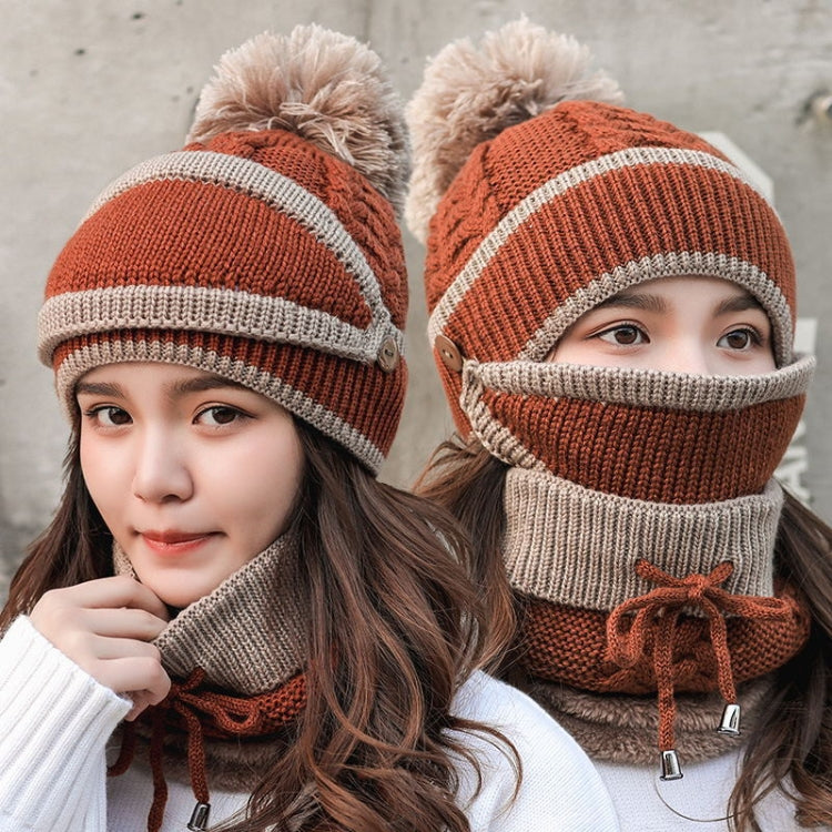 Caramel-brown two-tone knit winter beanie with attached face mask and neck scarf