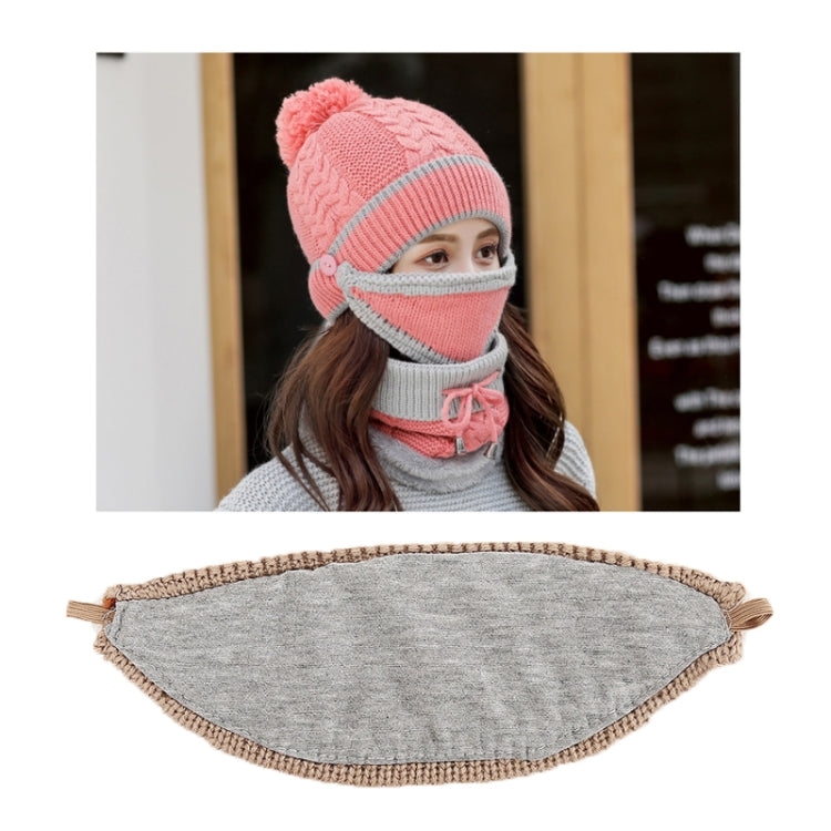 Pink knit pom beanie with attached face mask and neck scarf