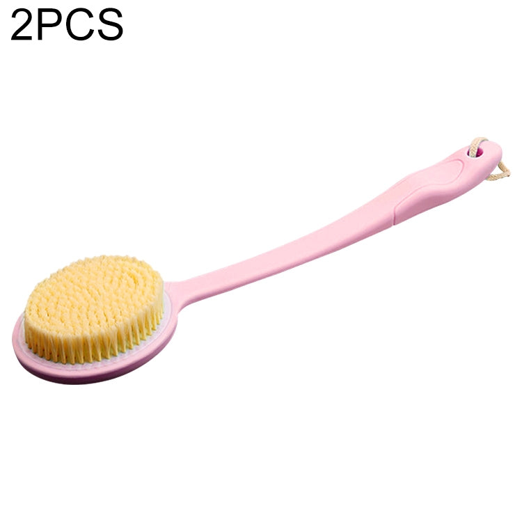 Pink long-handle bath massage brush with rounded yellow nylon scrub head