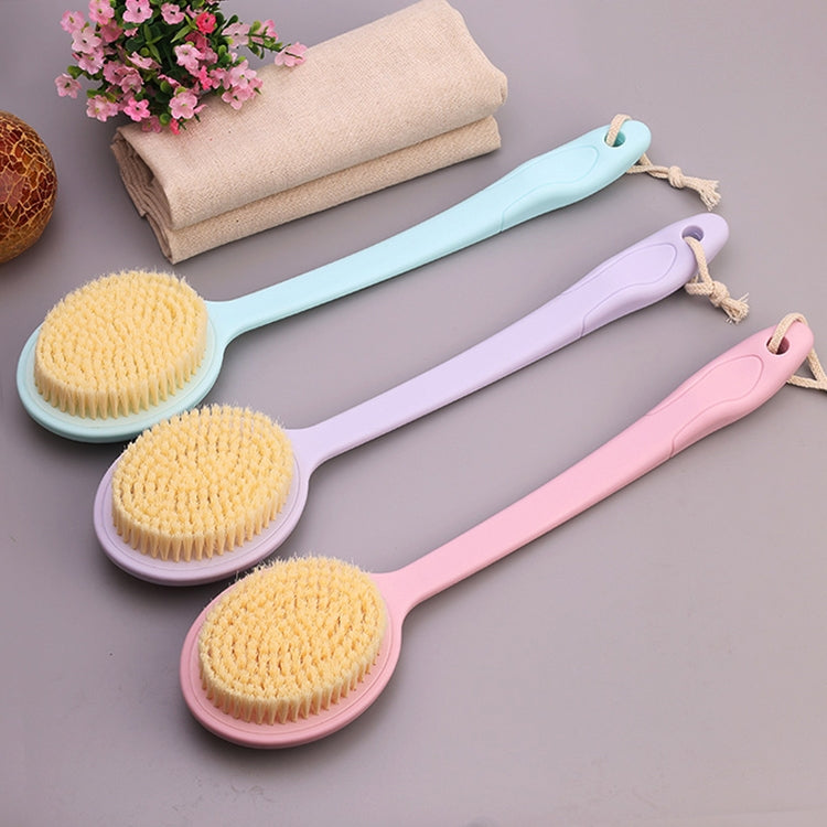 Set of 2 long-handle bath brushes with pink and light purple handles and yellow heads