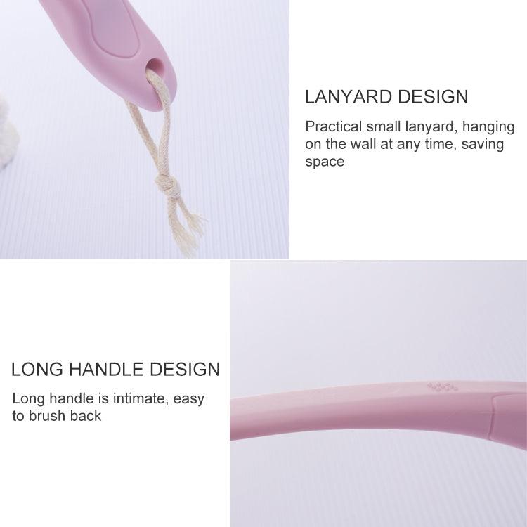 Long-handle bath massage brush with hanging lanyard, pink handle and rounded head