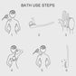Bath brush use steps diagram with numbered illustrations