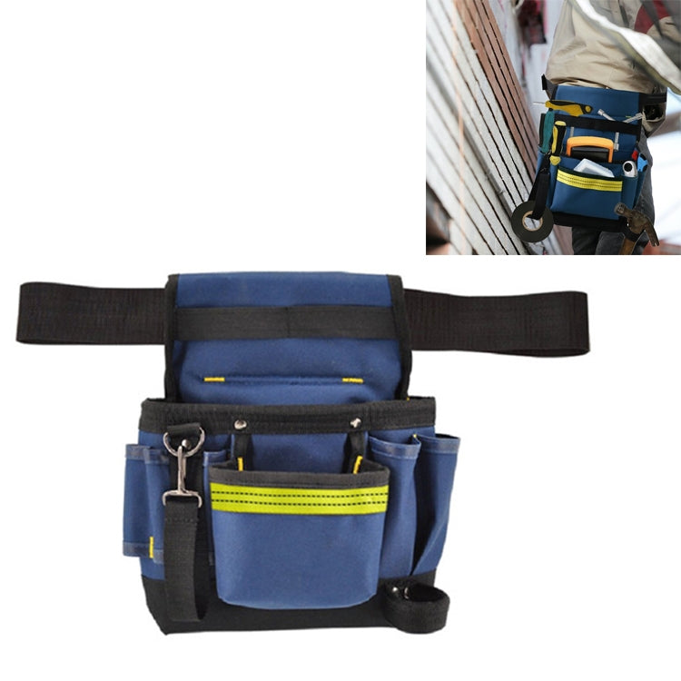 Blue and black electrician tool belt bag with multiple zip pockets and tool loops.