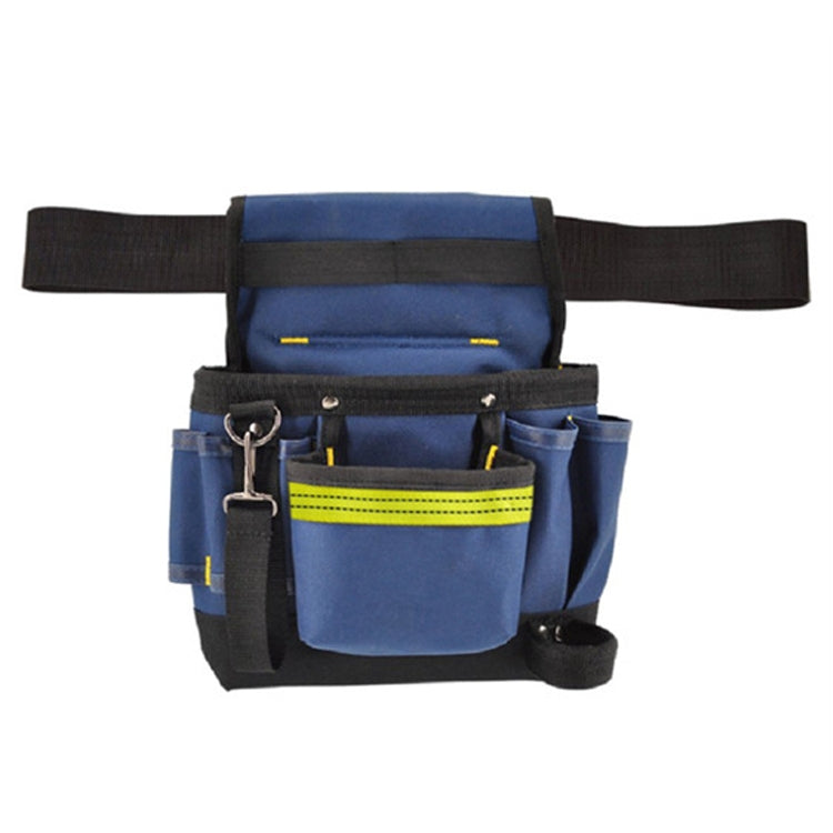 Blue electrician tool belt bag with wide strap, front pouches, and hanging accessory holders.