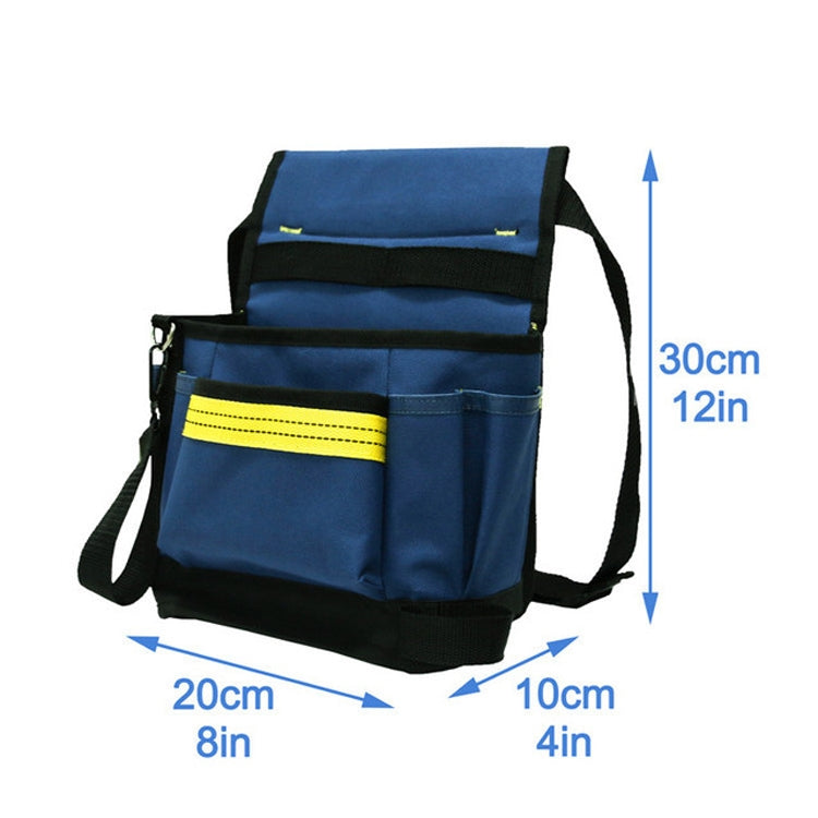 Blue tool belt storage bag with front pockets, black trim, and a top flap organizer.