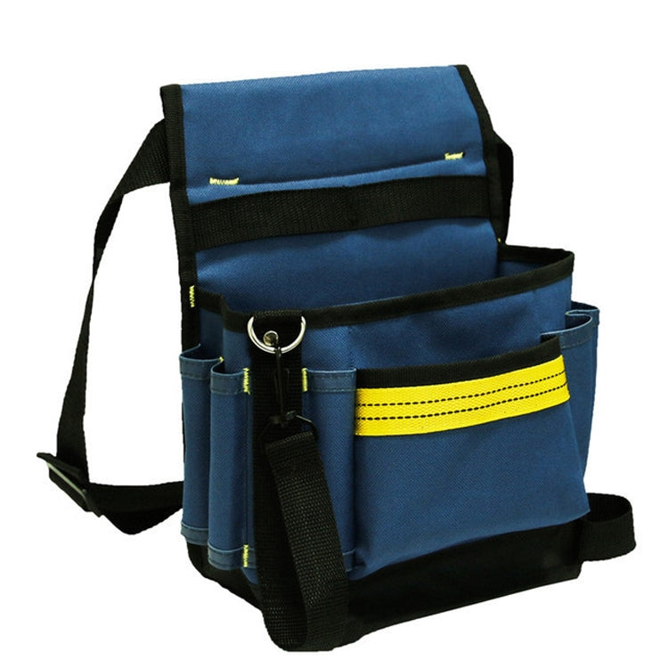 Blue and black multi-pocket tool belt bag with side loops, metal ring, and shoulder strap.