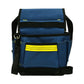 Blue electrician tool belt bag with front pouch, narrow side compartments, and carrying straps.