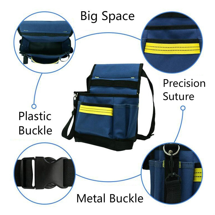 Blue tool belt organizer with metal buckle and multiple compartments for small tools.