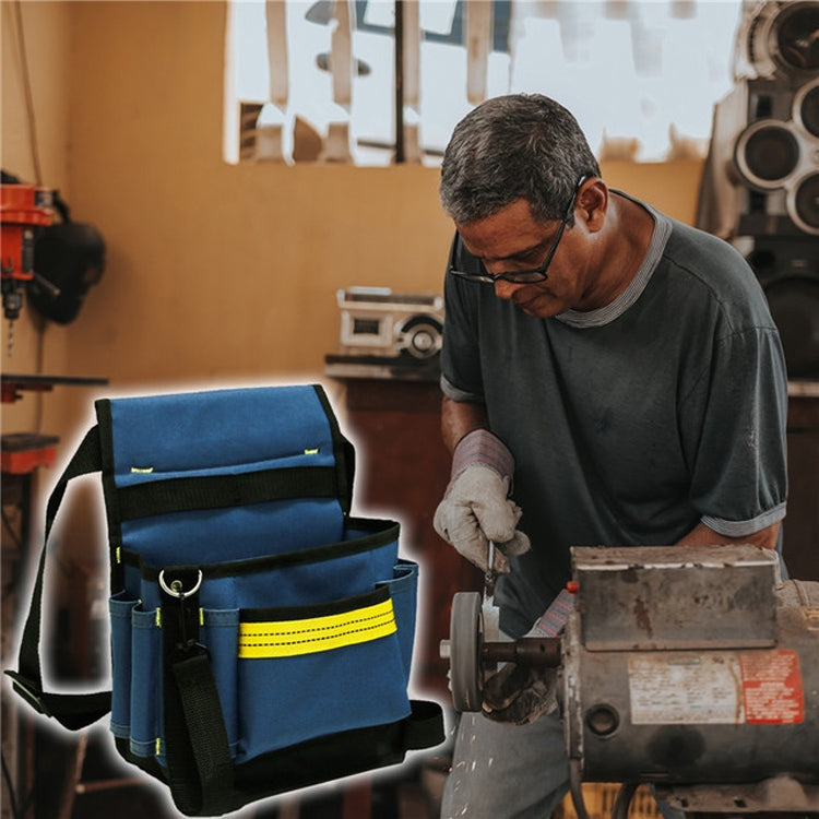 Blue electrician tool belt bag worn on a belt, with front pockets and accessory clips.