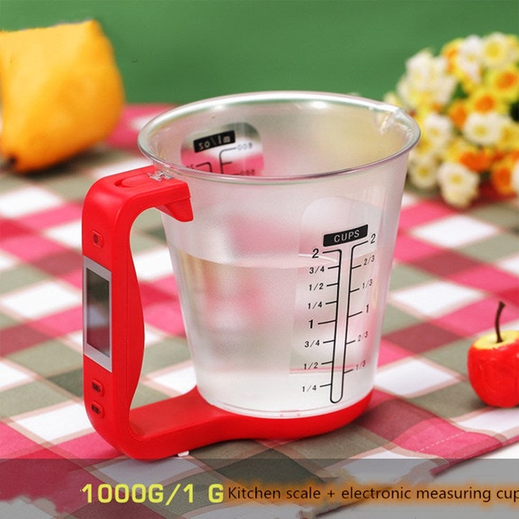 Red electronic measuring cup scale with LCD display and measurement scale on cup