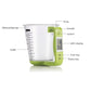 White measuring cup scale with green handle, LCD display, and measurement scale