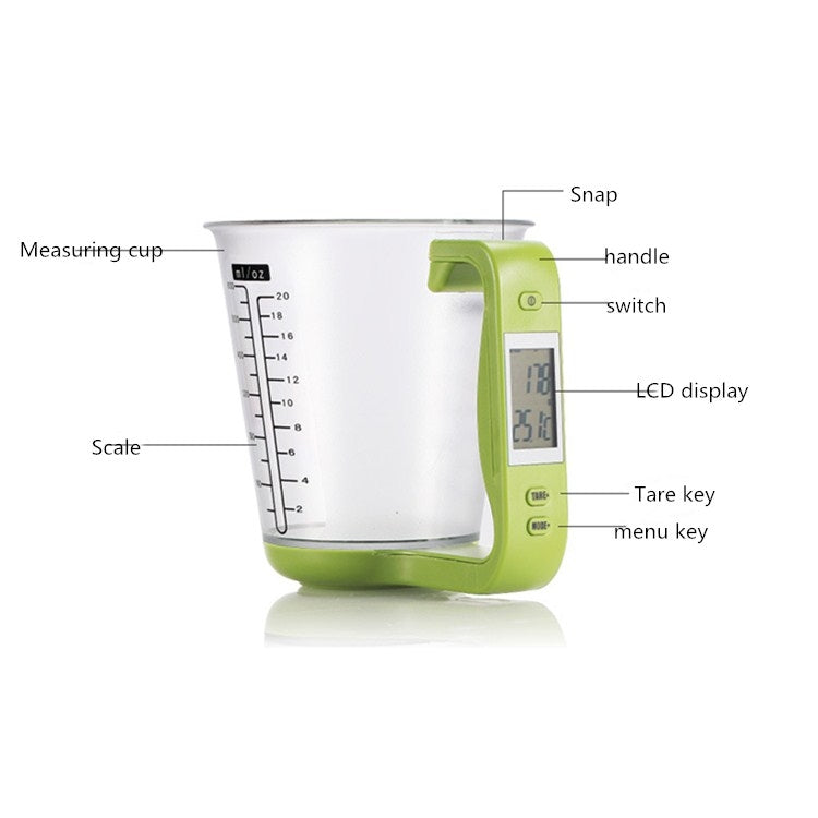 White measuring cup scale with green handle, LCD display, and measurement scale
