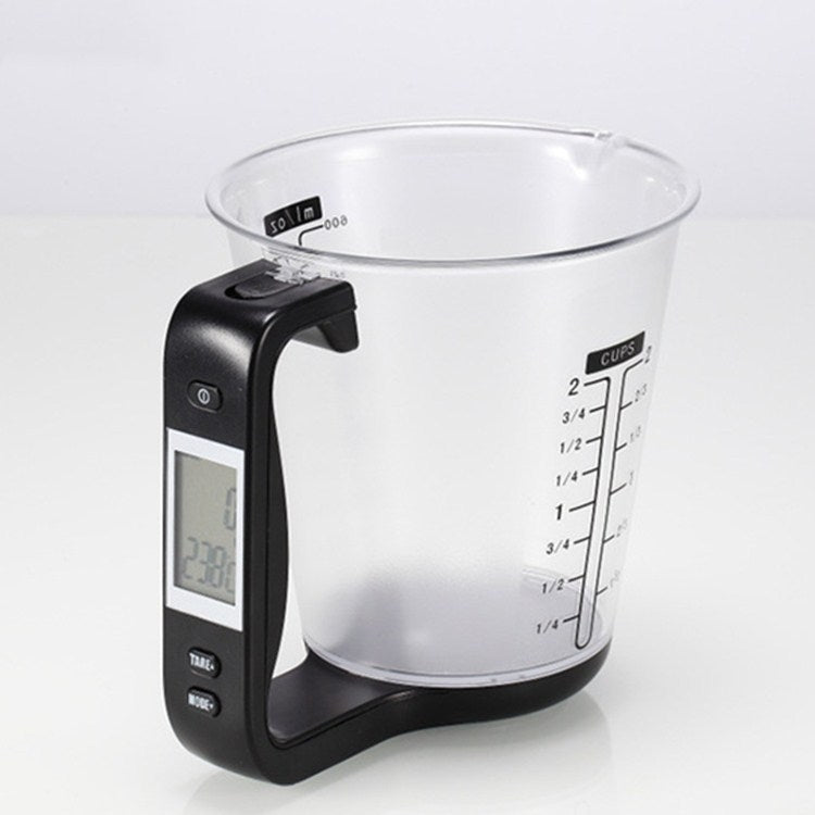 Black digital kitchen measuring cup scale with LCD screen and cup measurement markings