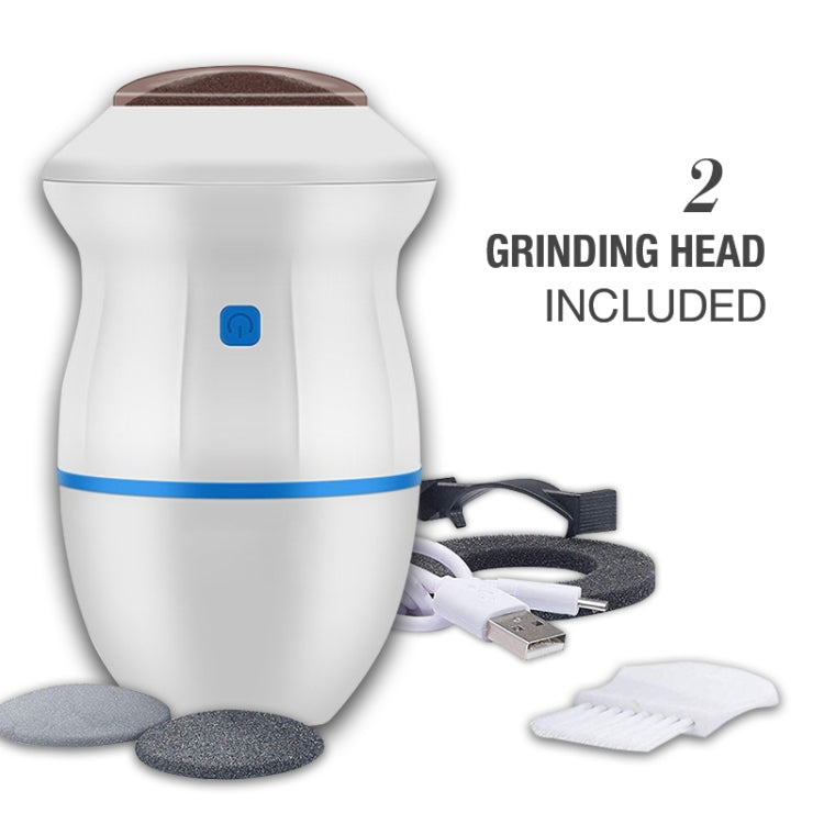 White USB foot grinder with included sanding heads and USB charging cable