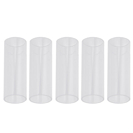 Five clear acrylic guitar slide tubes, cylindrical with open ends