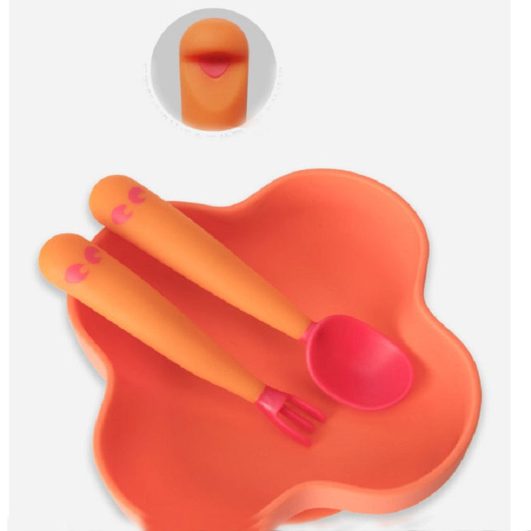 Baby learning orange spoon and fork set with curved bowl tips