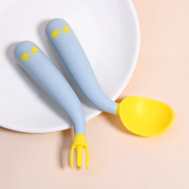 Baby learning-to-eat spoon and fork set with light blue handles and yellow scoop