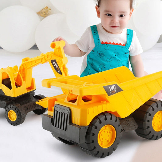 Yellow toy construction vehicles set with front loader and long dump bed