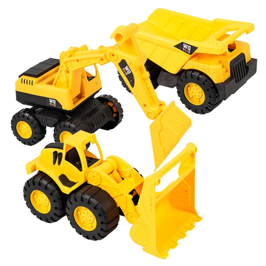 3-piece yellow construction vehicle toy set with excavator arm, loader bucket, and dump body