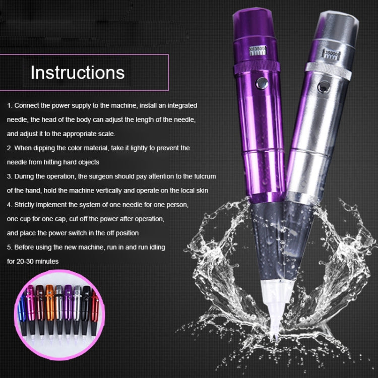 Purple and silver semi-permanent tattoo pens with needle tips, plus power cord accessory