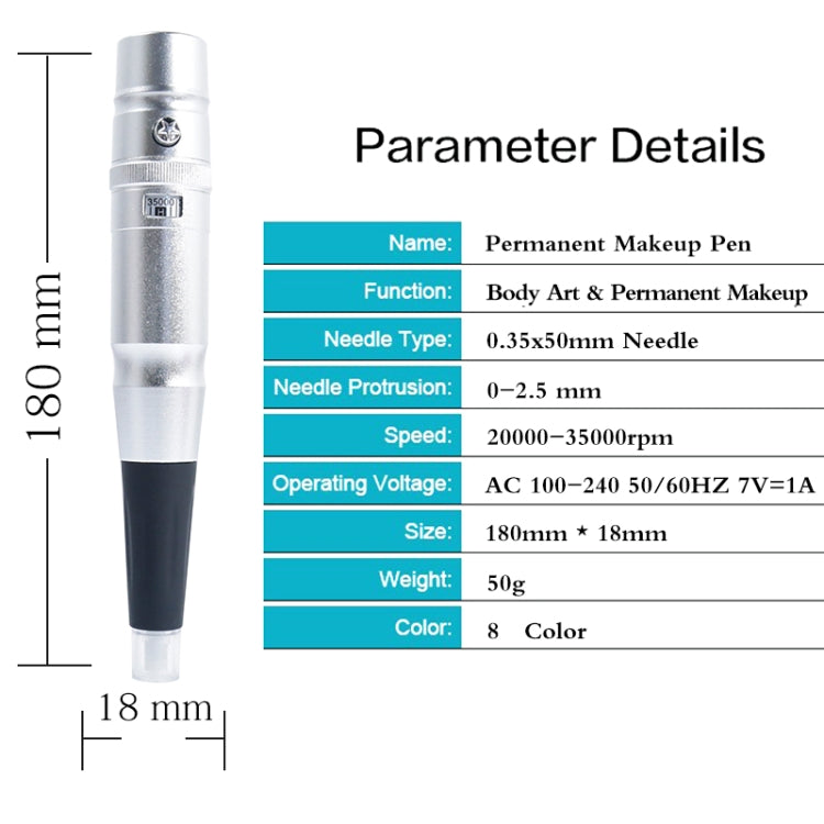Silver semi-permanent tattoo pen with black grip and measurement detail
