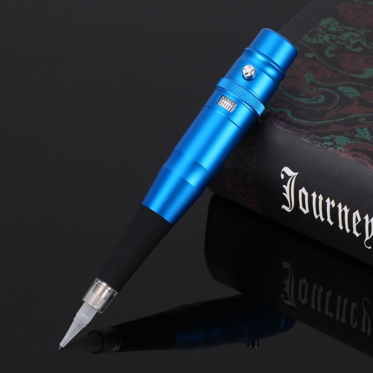 Blue semi-permanent tattoo pen instrument with needle tip and metal grip