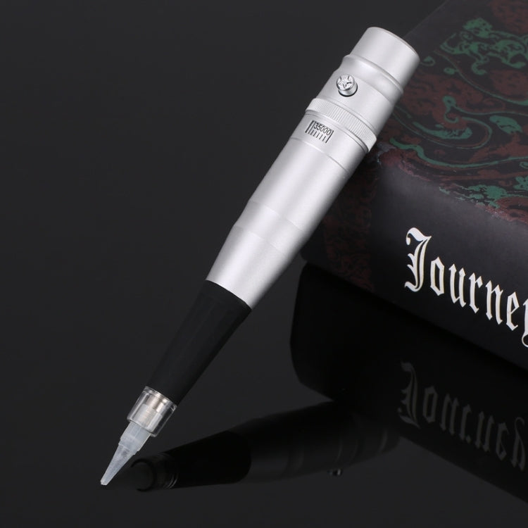 Silver semi-permanent tattoo pen with fine pointed tip and ink reservoir