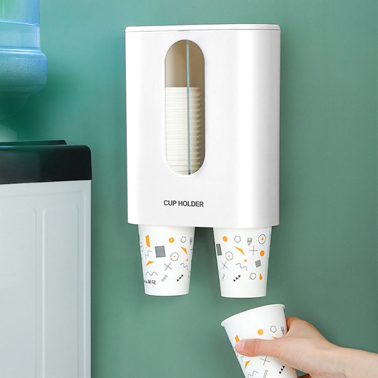 Wall-mounted disposable cup dispenser, white with oval window and bottom cup slots