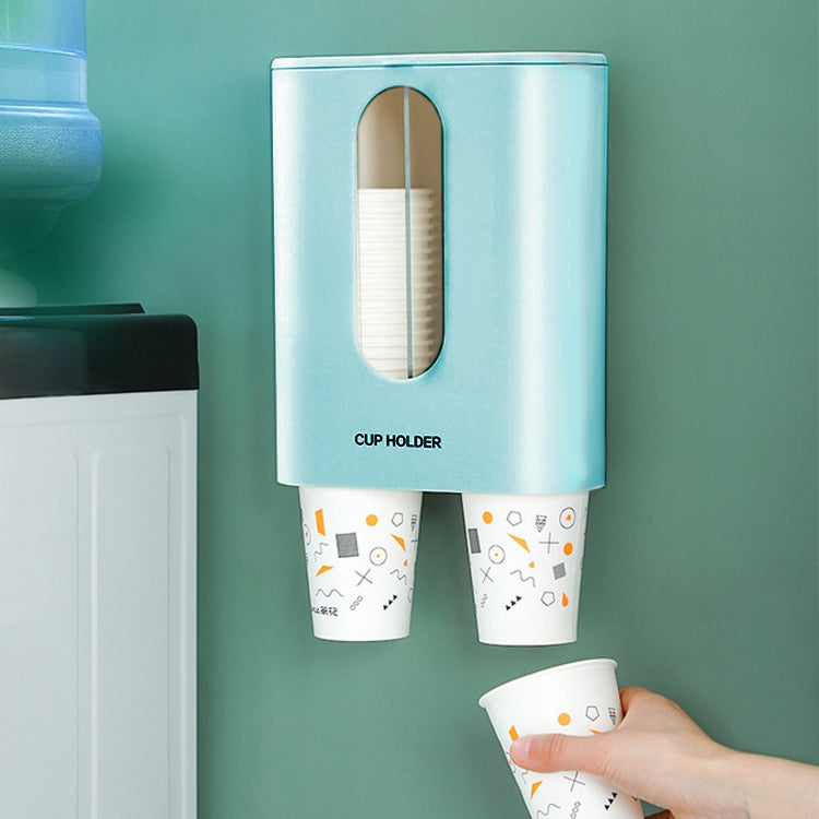 Wall-mounted disposable cup dispenser, light blue body with oval window and bottom cup slots