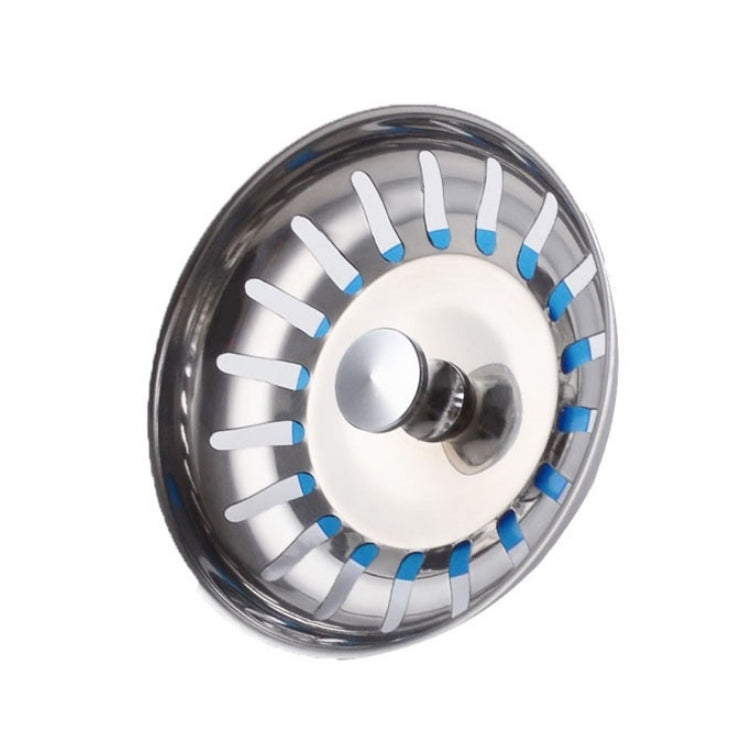 Stainless steel washbasin filter cover with blue accent slots and central drain cap