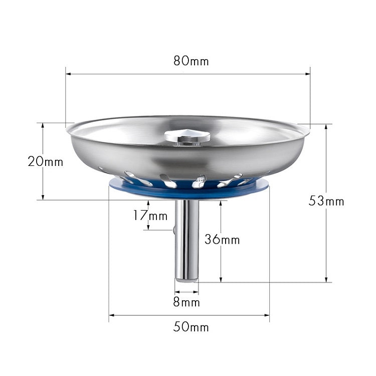 Stainless steel washbasin filter cover with size diagram and central drain cap