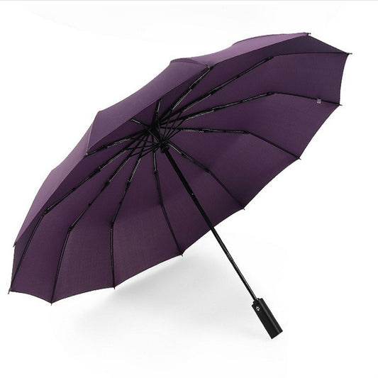 Purple automatic double-folding umbrella with black frame and strap handle