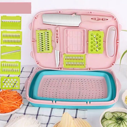 Folding plastic cutting board set with grater and slicer attachments, pink and blue
