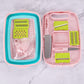 Folding plastic cutting board with perforated tray and blade attachments, teal and pink