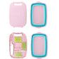 Folding plastic cutting board set showing closed and open trays, pink and teal