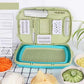 Multi-function folding plastic cutting board set in green with teal base and blade inserts