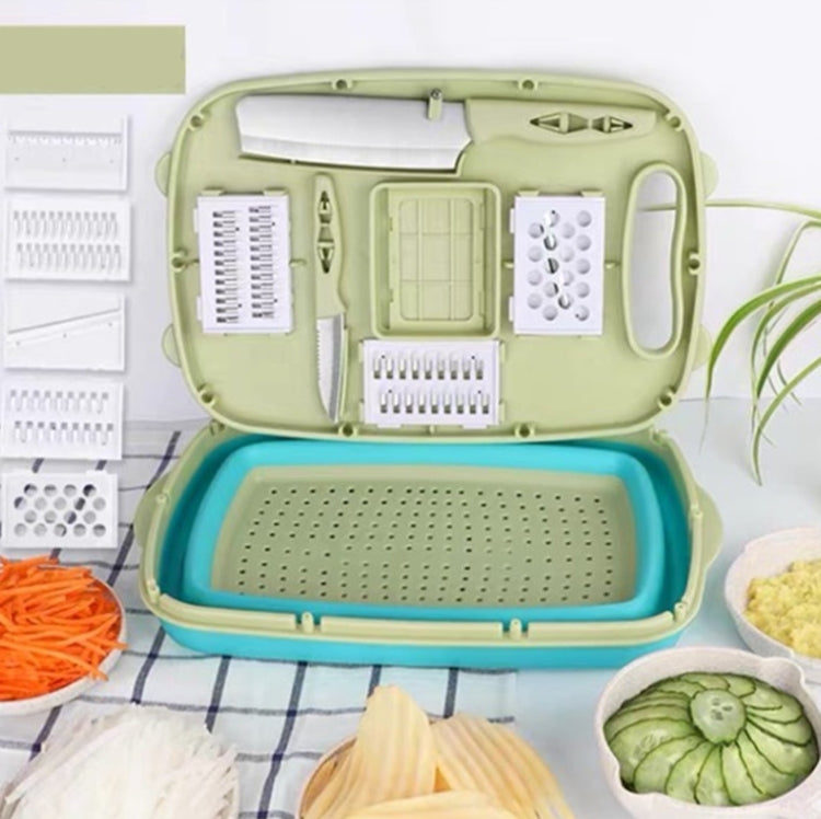 Multi-function folding plastic cutting board set in green with teal base and blade inserts