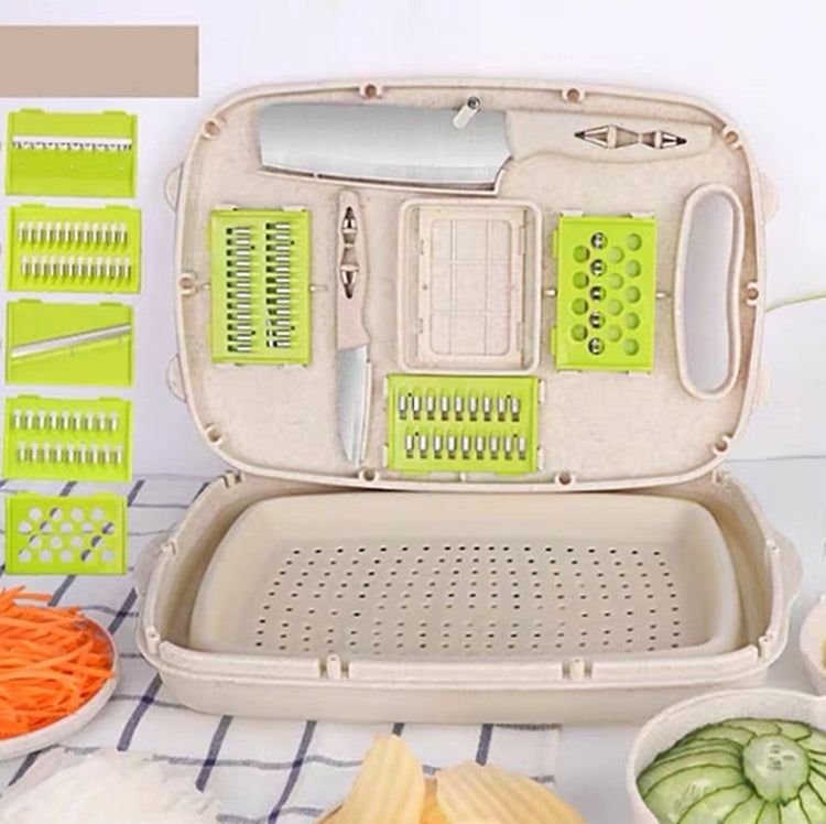Multi-function folding plastic cutting board set with beige base and green cutting inserts