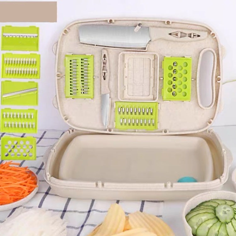 Multi-function folding plastic cutting board set with beige tray and green insert panels